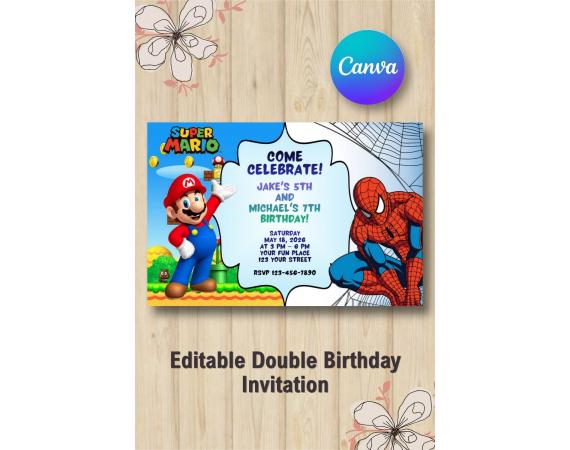 Twin Super Mario and Spiderman Invitation | Canva Template